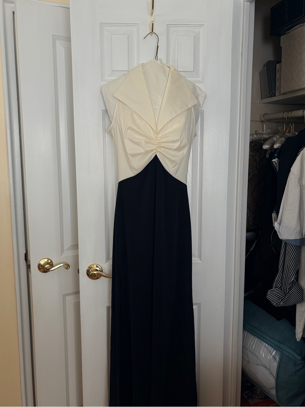 Ivory and Black Sleeveless Twist-Front Maxi Dress